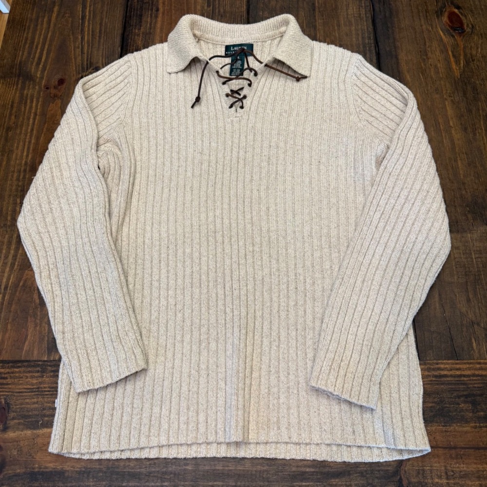 Lauren Ralph Lauren Silk Linen Ribbed Lace Up Sweater Beige XL Womens, vintage